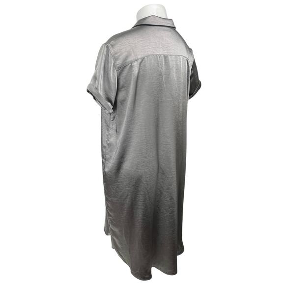 Wild Fang Gray Silver Silk Satin Short Sleeve Button Down Midi Shirt Dress Sz L - Picture 2 of 5